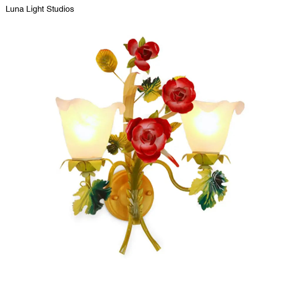 Green Metal Wall Sconce With Blossom Design - Perfect For Bedroom Lighting