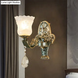 Green Mid Century Single Bulb Sconce - Floral Shade Clear Latticed Glass Bedside Wall Lamp Fixture