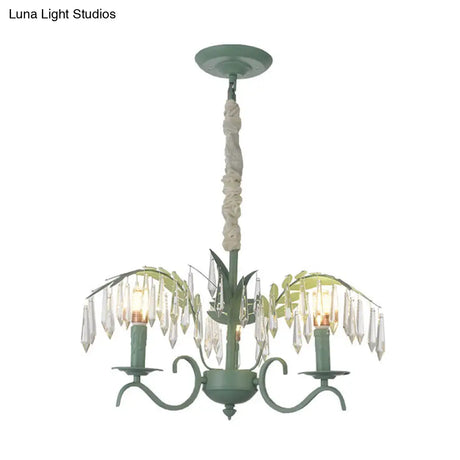 Green Nordic Chandelier: Metal Candle Hanging Light With Leaf & Crystal Detail - 3 Lights Ideal For
