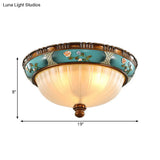 Green Retro Ribbed Glass Flush Mount Ceiling Light With Hemispherical Embossed Flower Design -