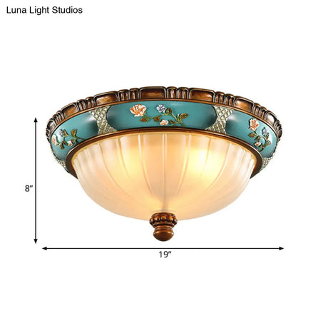 Green Retro Ribbed Glass Flush Mount Ceiling Light With Hemispherical Embossed Flower Design -