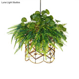 Green Retro Scalloped Cage Ceiling Lamp With Plant Decoration - Downlighting