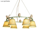 Green Rustic Style Ring Villa Chandelier With Bird & Tapered Shade