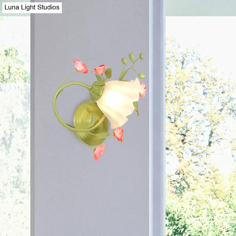 Green Scalloped Wall Light - Traditional White Glass Living Room Sconce Lighting