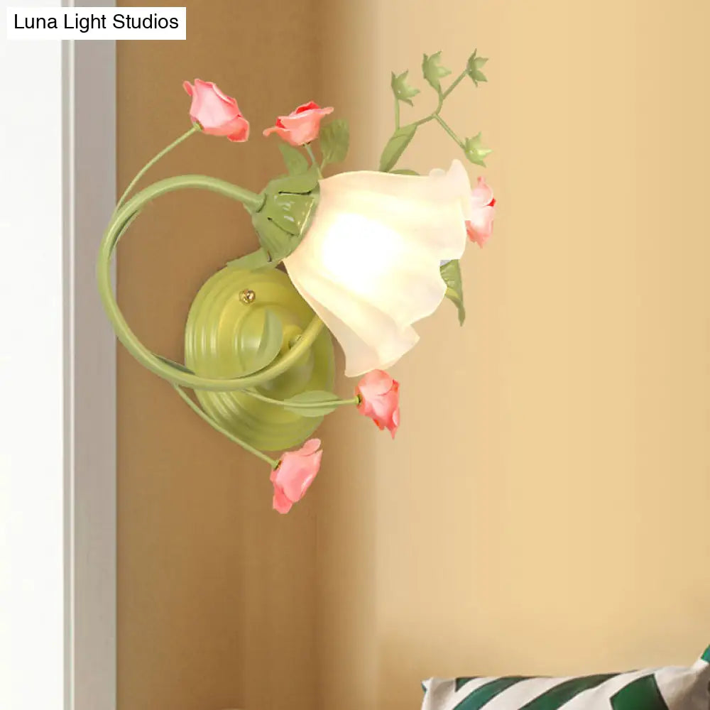 Green Scalloped Wall Light - Traditional White Glass Living Room Sconce Lighting