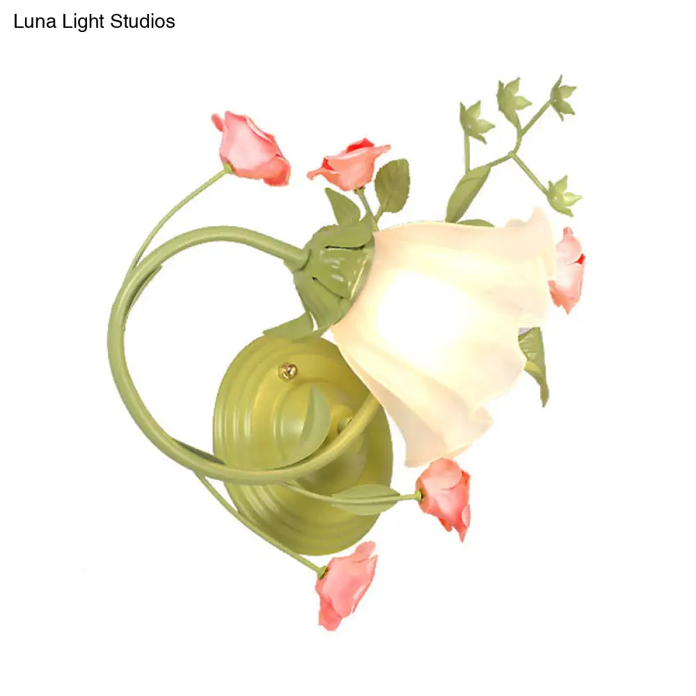 Green Scalloped Wall Light - Traditional White Glass Living Room Sconce Lighting
