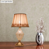 Greta - Rural 1 Head Rose-Trim Conical Table Light Rural Gold Pleated Fabric Night Lamp with Pot Crystal Base Gold
