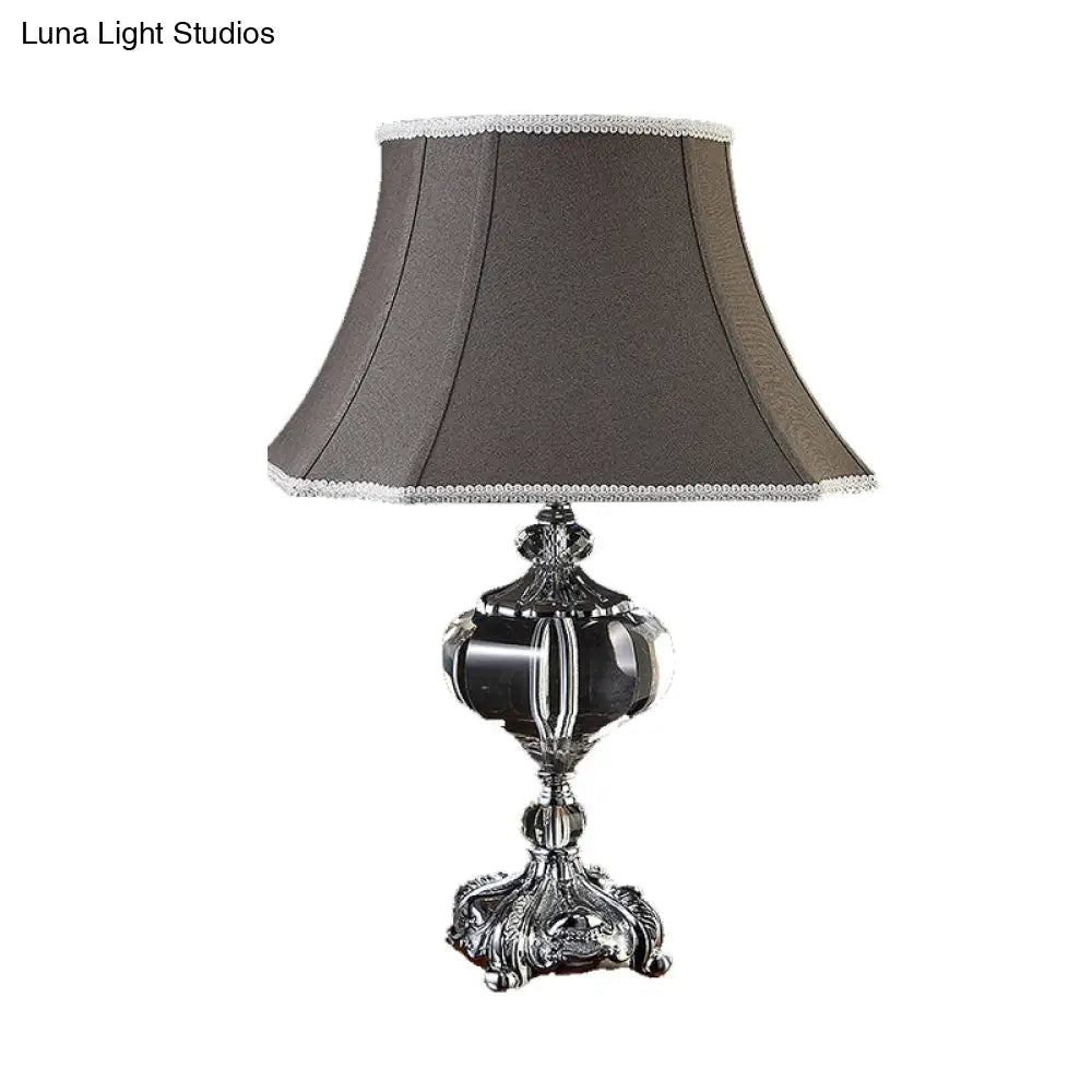 Grey Fabric Nightstand Lamp - Elegant Flared Shade And Crystal Base