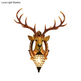 Gridded Raindrop Sconce Wall Mounted Lamp With Deer Resin Accent Countryside White/Yellow Crystal