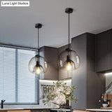 Hand-Blown Glass Dome Hanging Lamp Minimalist 1-Light Black Pendant Light Fixture Over Table
