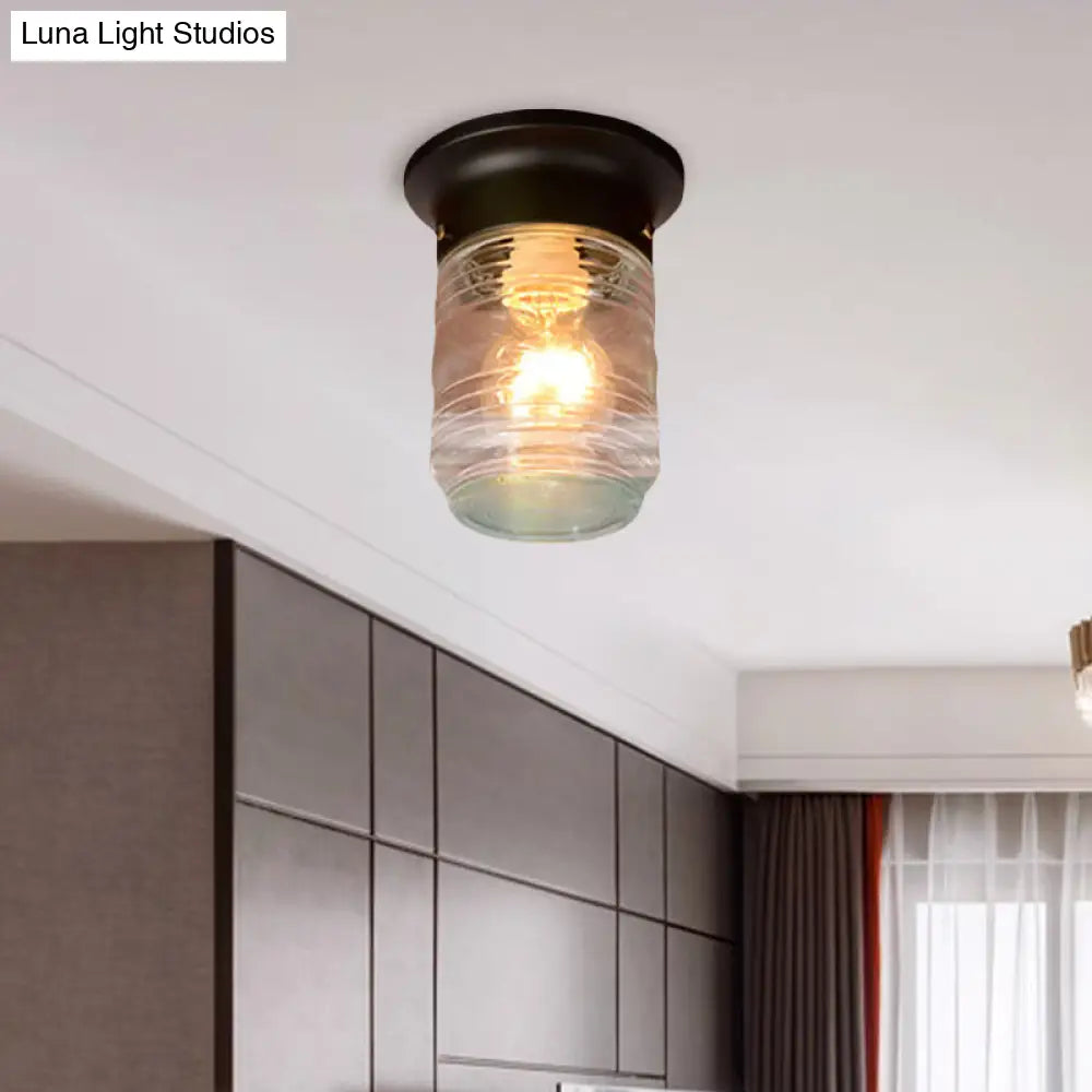 Hand Blown Glass Industrial Ceiling Light With Cylinder Shape And Flush Mount - Black/White