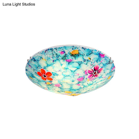 Hand - Cut Blue Glass Tiffany Flower Bowl Flush Light Fixture - 16’ Or 19.5’ Wide With 3 4