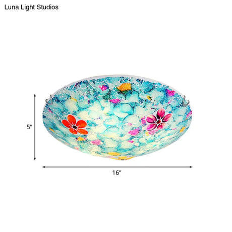 Hand - Cut Blue Glass Tiffany Flower Bowl Flush Light Fixture - 16’ Or 19.5’ Wide With 3 4