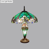 Hand Cut Glass Green Scalloped Dome Night Lamp With Teardrop Base - 3 Lights Task Lighting