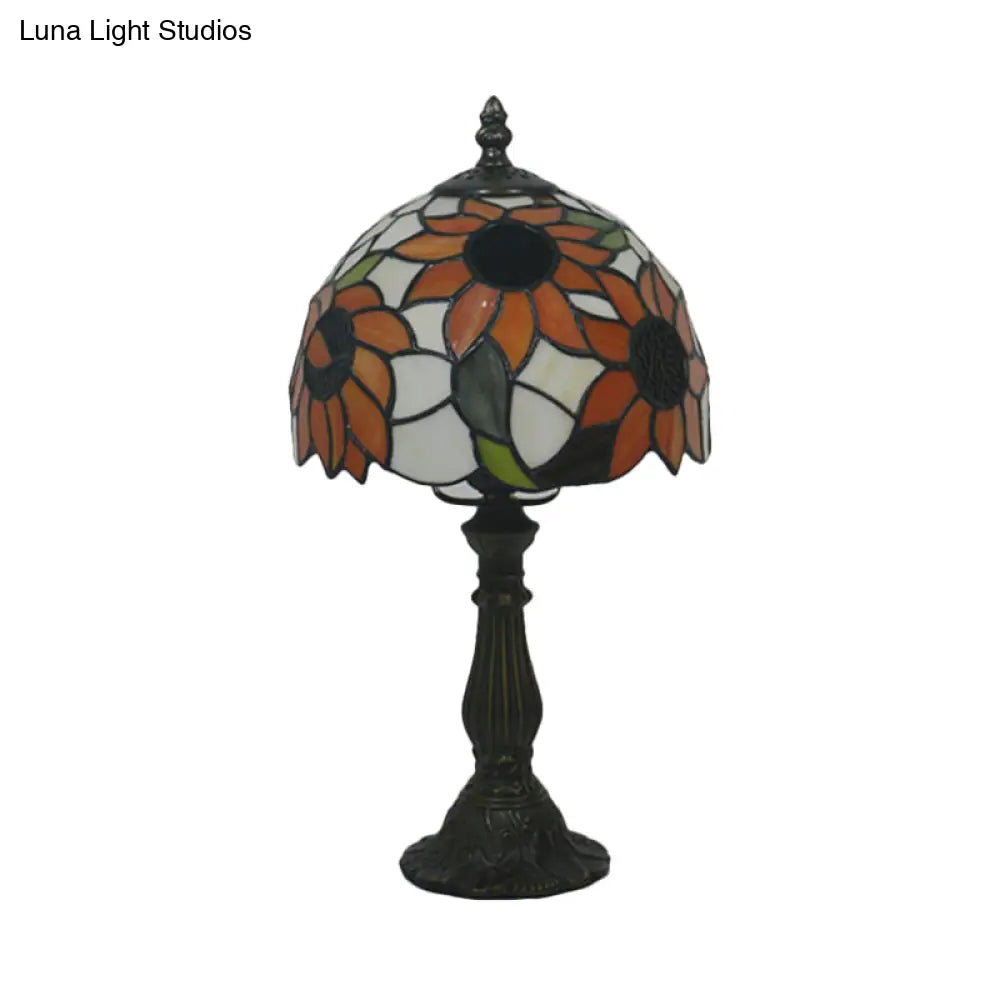 Hand Cut Glass Sunflower Desk Light With Bronze Finish & Domed Shade