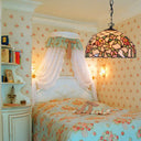 Hand Cut Pink Glass Tiffany-Style Pendant Light With Flower Pattern - Domed Suspension Design