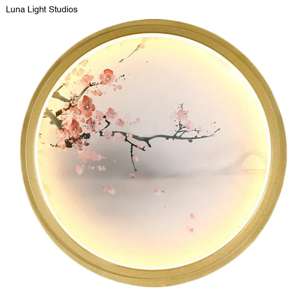 Hand-Painted Floral Mural Led Wall Sconce With Chinese Fabric Gold Frame - Perfect For Living Rooms