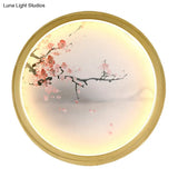Hand-Painted Floral Mural Led Wall Sconce With Chinese Fabric Gold Frame - Perfect For Living Rooms