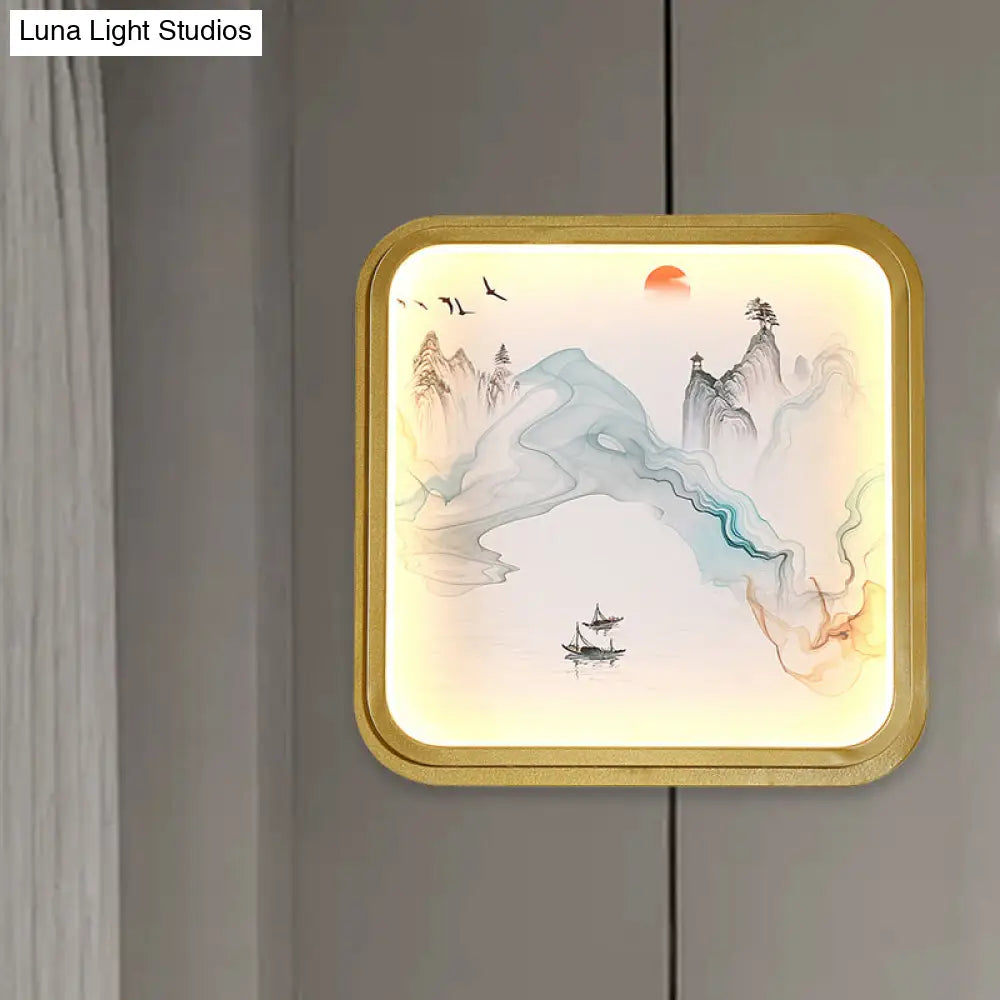 Hand-Painted Floral Mural Led Wall Sconce With Chinese Fabric Gold Frame - Perfect For Living Rooms