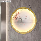 Hand-Painted Floral Mural Led Wall Sconce With Chinese Fabric Gold Frame - Perfect For Living Rooms