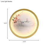 Hand-Painted Floral Mural Led Wall Sconce With Chinese Fabric Gold Frame - Perfect For Living Rooms