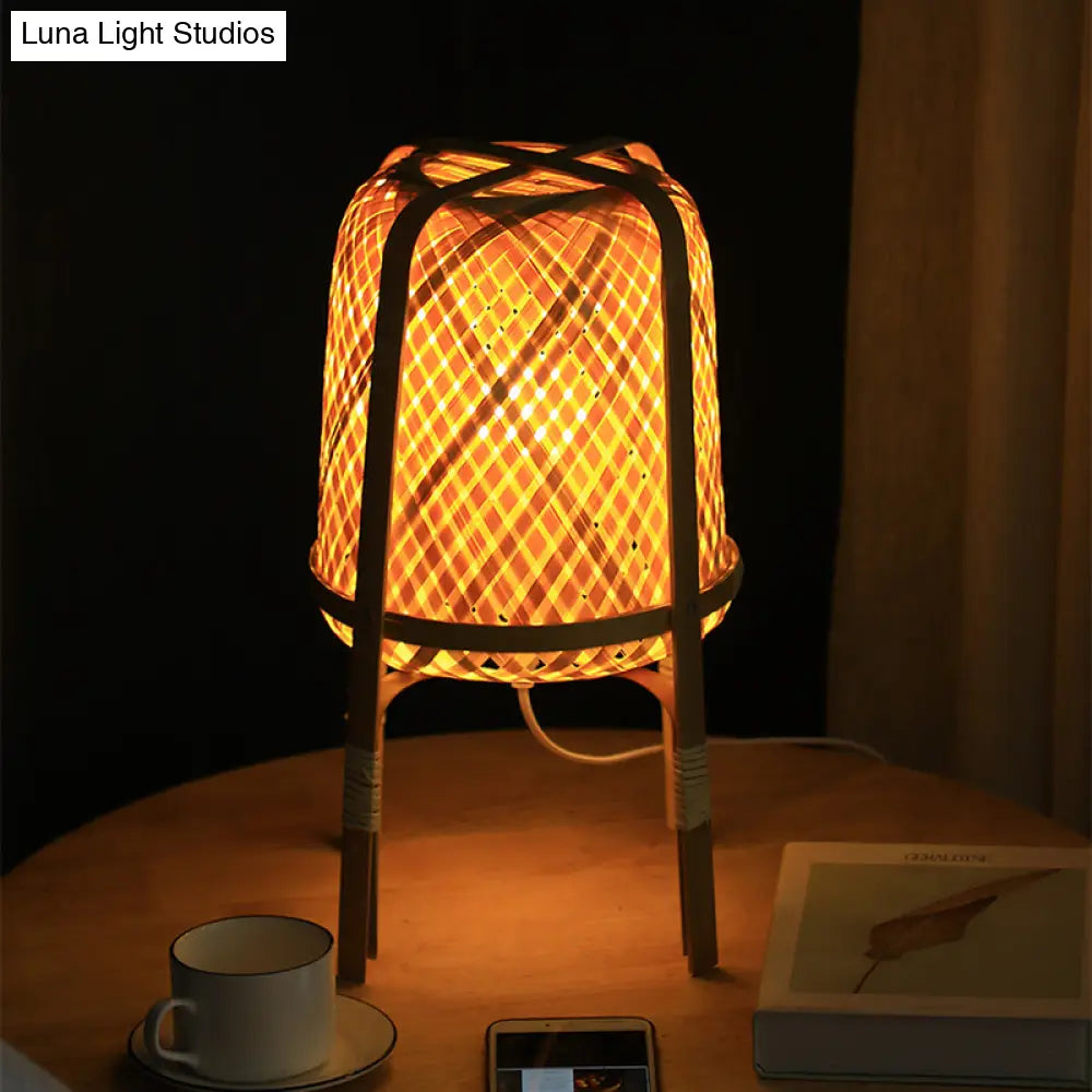 Hand-Woven Beige Asian Style Bamboo Rattan Night Lamp With Table Light - 1 Bulb For Bedside