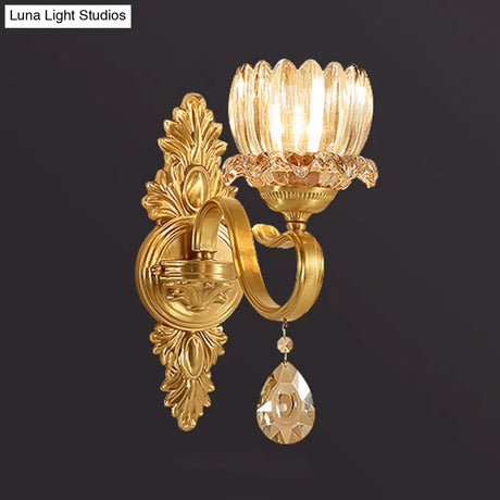 Handblown Glass Gold Floral Corridor Wall Mount Light With Crystal Accent - Minimalistic Lighting