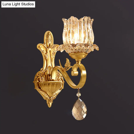 Handblown Glass Gold Floral Corridor Wall Mount Light With Crystal Accent - Minimalistic Lighting