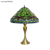 Handcrafted Art Glass Table Lamp With Dragonfly Pattern In Brass Finish