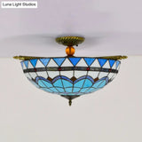 Handcrafted Baroque Dome Semi Flush Mount Ceiling Lamp With 5 Stained Glass Bulbs In White/Blue –