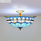 Handcrafted Baroque Dome Semi Flush Mount Ceiling Lamp With 5 Stained Glass Bulbs In White/Blue –
