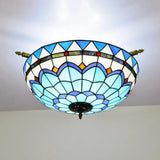 Handcrafted Baroque Dome Semi Flush Mount Ceiling Lamp With 5 Stained Glass Bulbs In White/Blue –