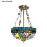 Handcrafted Blue Dragonfly Tiffany Ceiling Mount - 3 Heads Semi Flush Art Glass Light