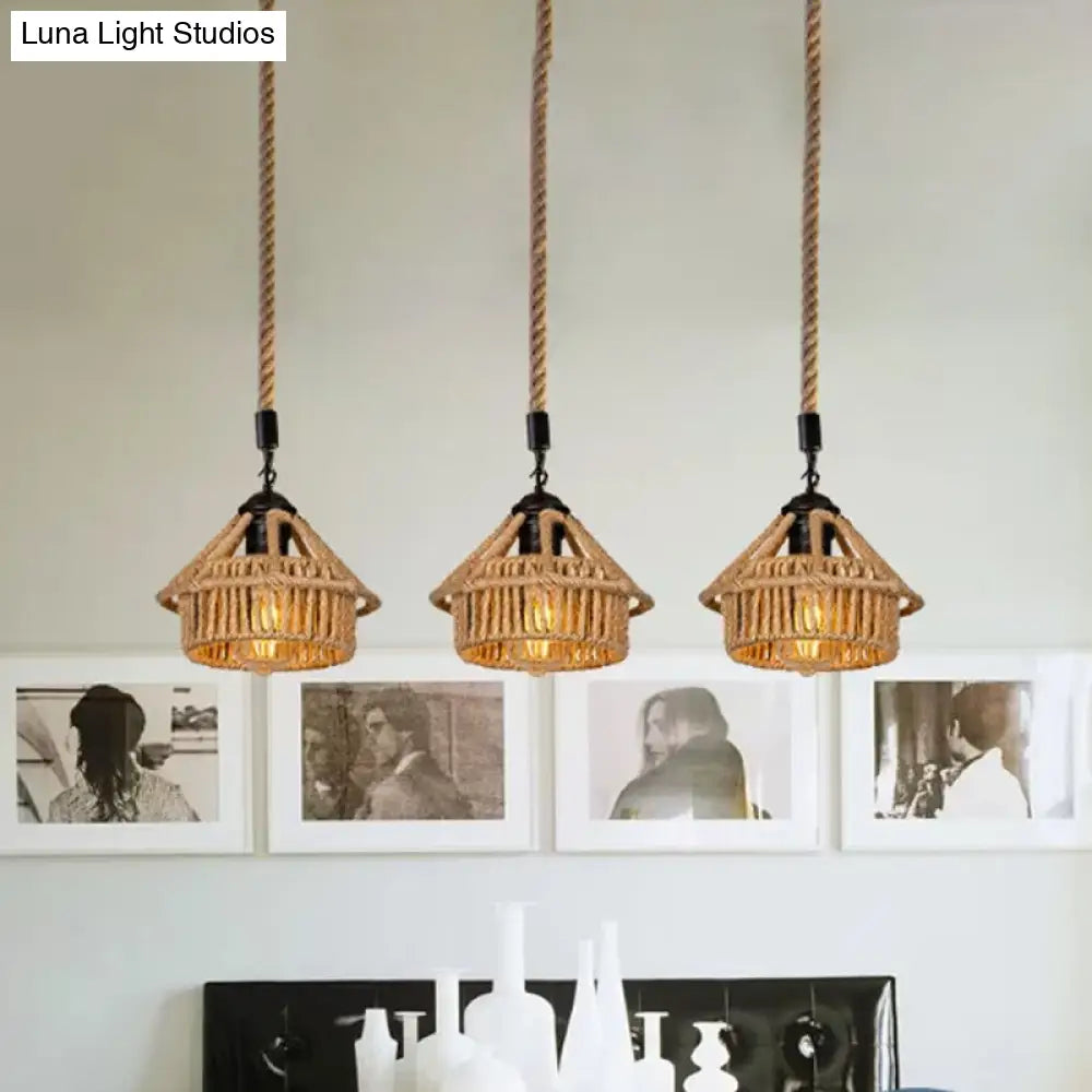 Handcrafted Cottage Brown Multi-Pendant Light Fixture With Rope Detail - Round/Linear Canopy (3/6