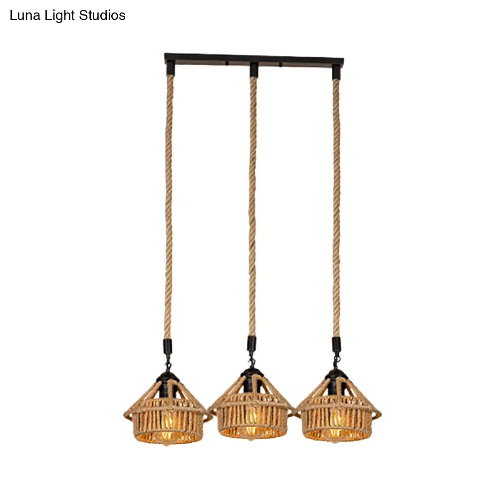 Handcrafted Cottage Brown Multi-Pendant Light Fixture With Rope Detail - Round/Linear Canopy (3/6