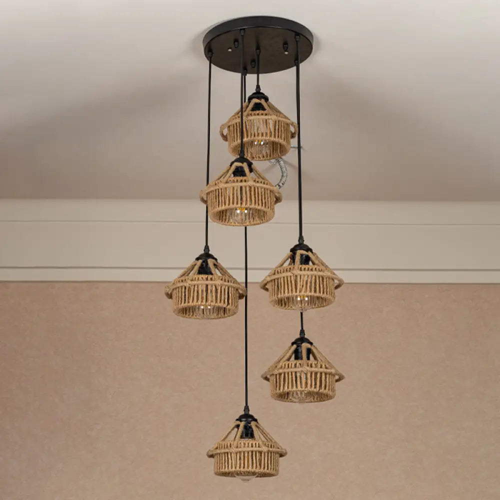 Handcrafted Cottage Brown Multi-Pendant Light Fixture With Rope Detail - Round/Linear Canopy (3/6