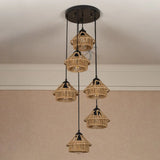Handcrafted Cottage Brown Multi-Pendant Light Fixture With Rope Detail - Round/Linear Canopy (3/6