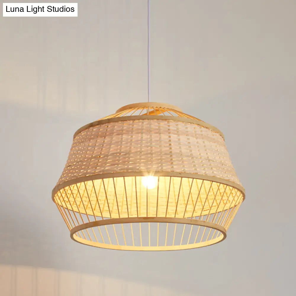 Handcrafted Japanese Bamboo Pendant Ceiling Lamp In Beige