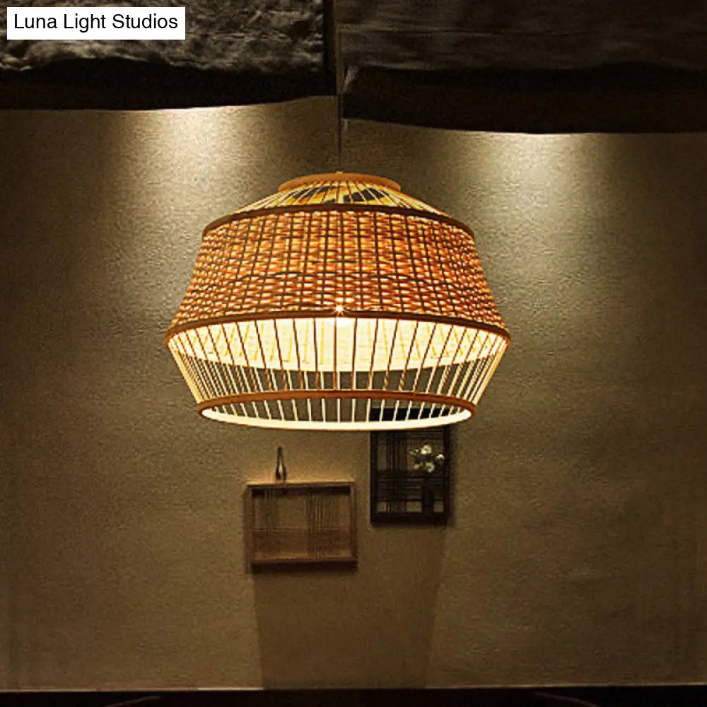 Handcrafted Japanese Bamboo Pendant Ceiling Lamp In Beige