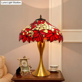 Handcrafted Stained Glass Night Light Desk Lamp In Red With Pull Chains