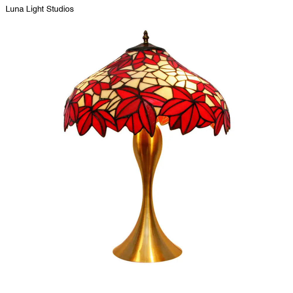 Handcrafted Stained Glass Night Light Desk Lamp In Red With Pull Chains