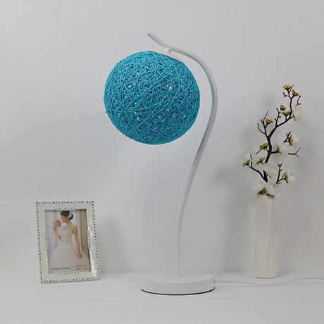 Handmade Yellow/Ivory Rattan Table Lamp - Countryside Style 1-Light With Ball Shade For Bedroom Blue