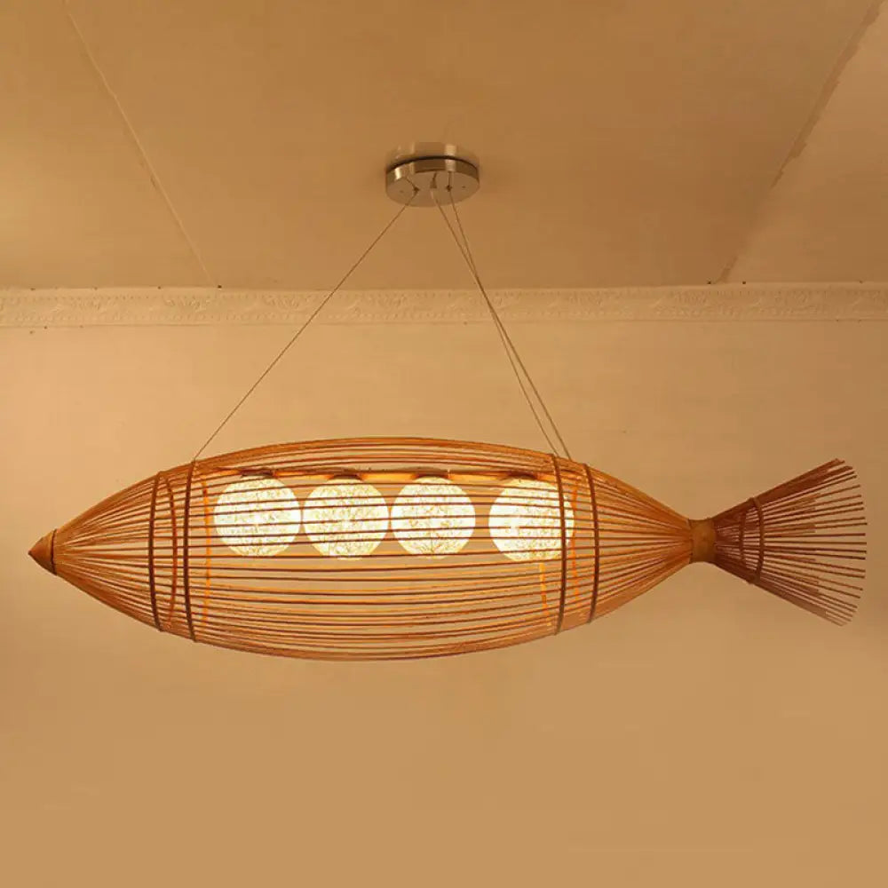 Handwoven Asian Fish Bamboo Suspension Light - Rustic Wood Restaurant Chandelier 4 /