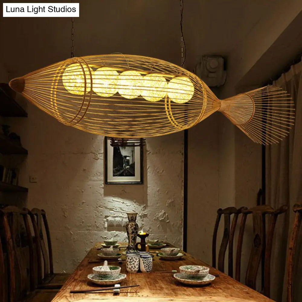 Handwoven Asian Fish Bamboo Suspension Light - Rustic Wood Restaurant Chandelier
