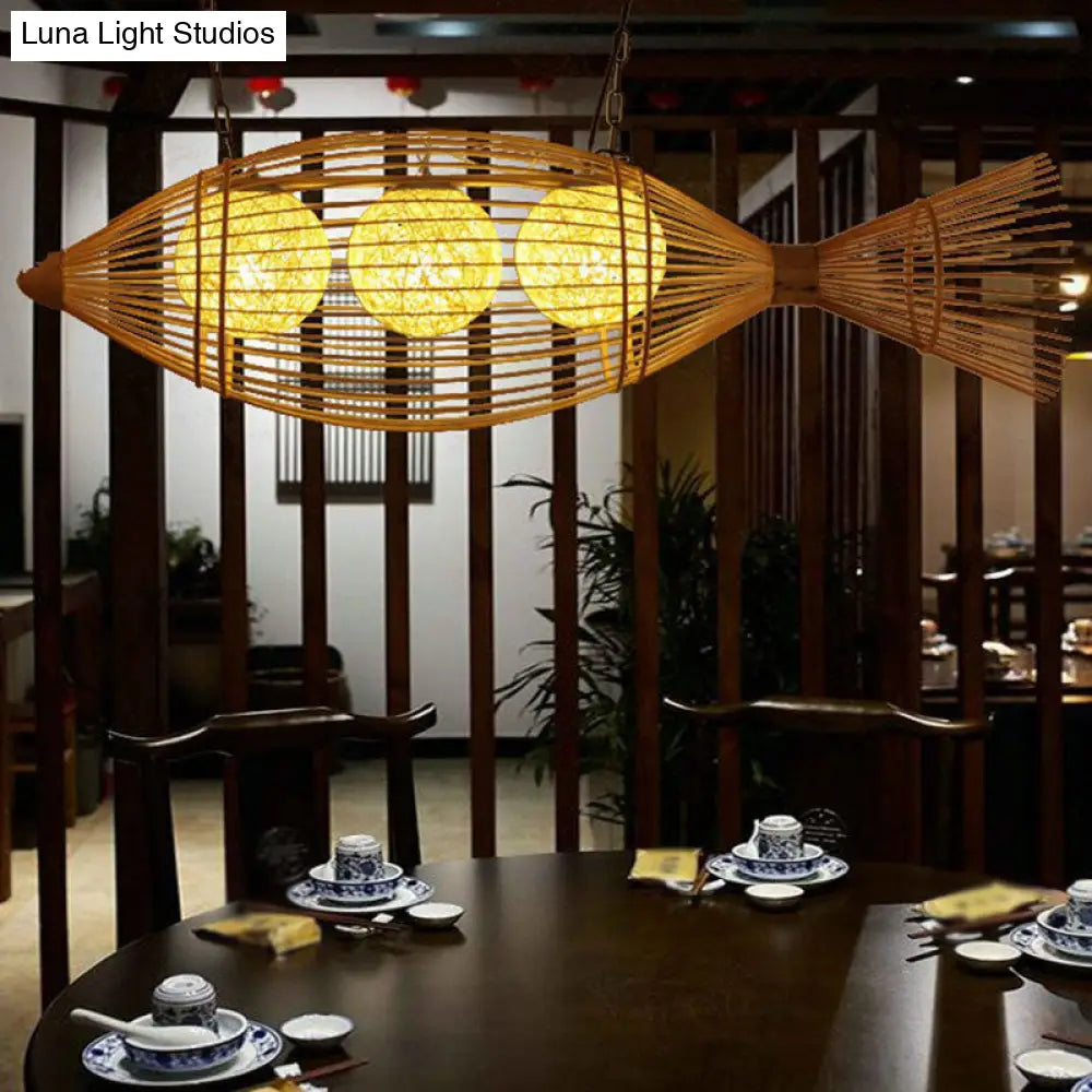 Handwoven Asian Fish Bamboo Suspension Light - Rustic Wood Restaurant Chandelier