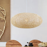 Hanging Bamboo Ceiling Light With Hand-Woven Flaxen Shade - Japanese-Inspired 1 Bulb Lighting
