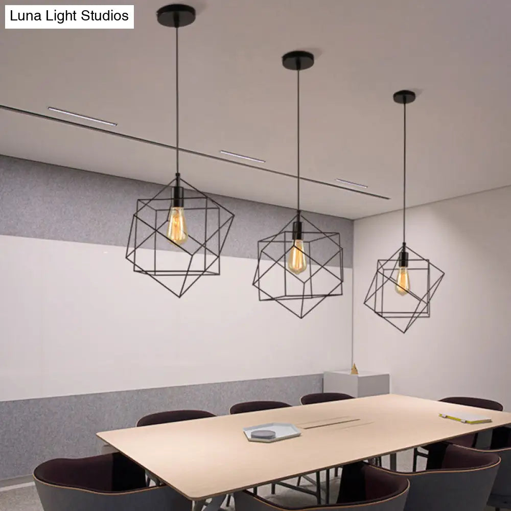 Hanging Industrial Black Metal Pendant Light - 1 Structural Cubic Design For Dining Room