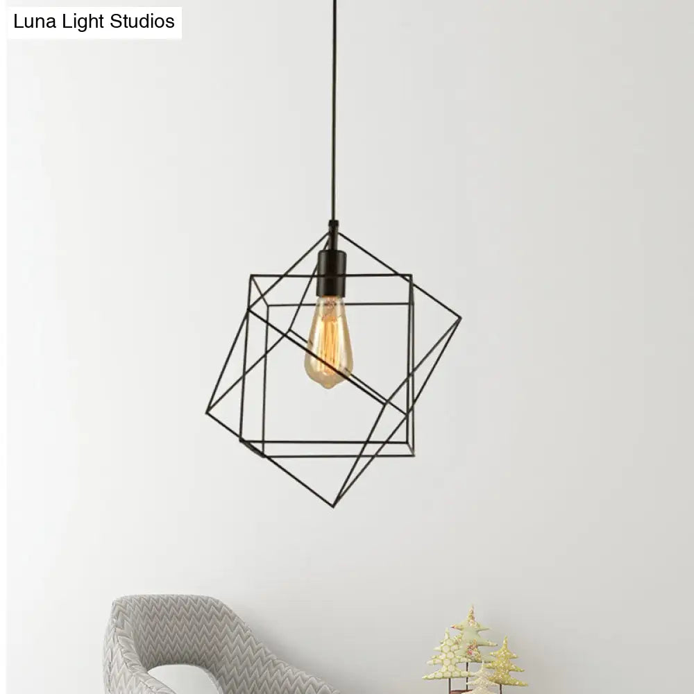 Hanging Industrial Black Metal Pendant Light - 1 Structural Cubic Design For Dining Room