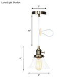 Height-Adjustable 1-Light Industrial Conic Pendant Lamp With Amber/Clear Glass For Coffee Shops -