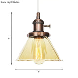 Height-Adjustable 1-Light Industrial Conic Pendant Lamp With Amber/Clear Glass For Coffee Shops -
